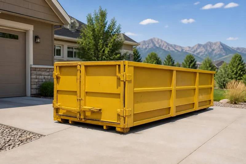 Yellow roll-off dumpster placed on a residential driveway
